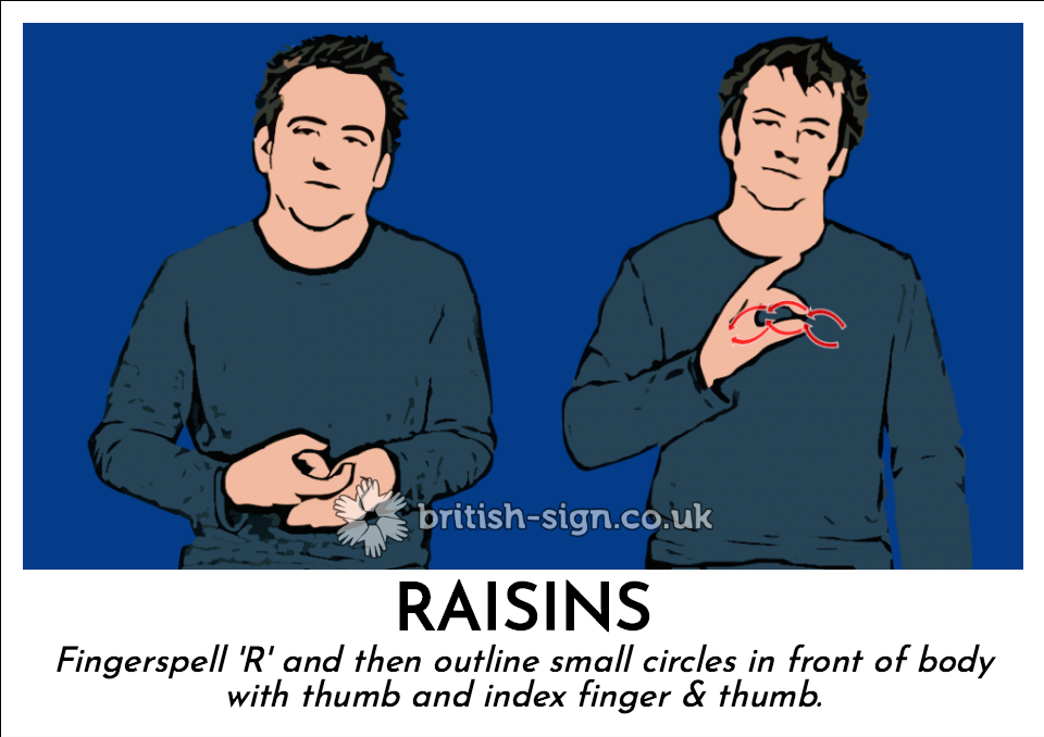 Raisins: Fingerspell 'R' and then outline small circles in front of body with thumb and index finger & thumb.